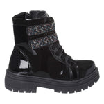 Bota Coturno Menina Com Fechamento Duplo Strass Preto Verniz