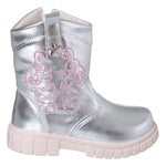 Bota Texana Menina Cano Curto Bordada Prata/Rosa