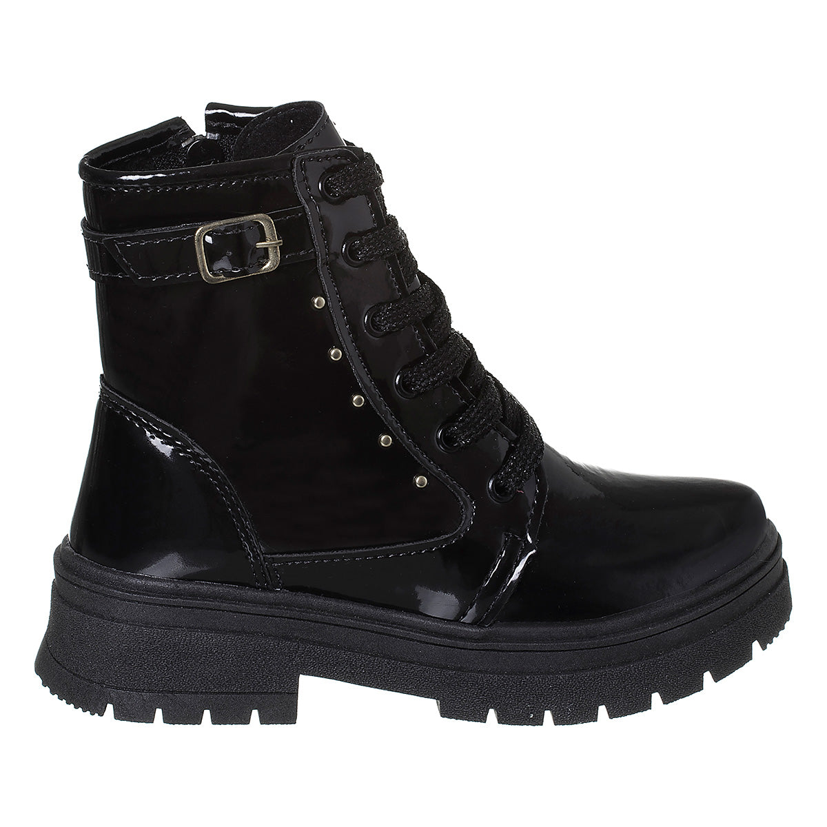 Bota Coturno Infantil Menina Cadarço Fivela Preto Verniz