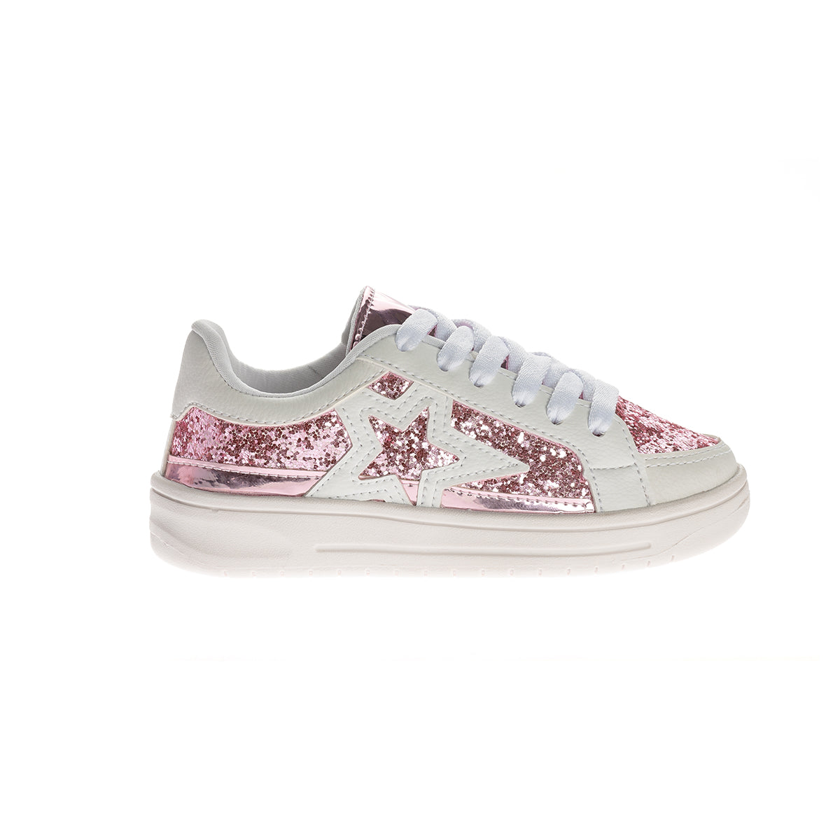 Tênis Infantil para Menina Fechamento Cadarço Estelar Glitter Branco/Rosa