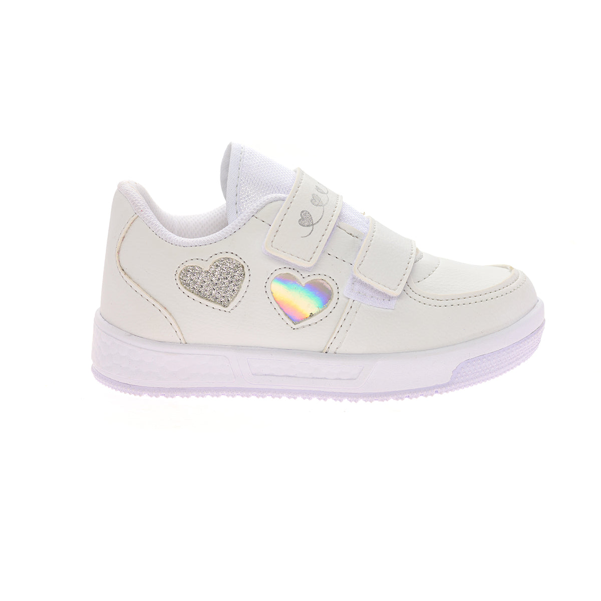 Tênis Street Infantil Feminino Fechamento Velcro Duplo Aplicação Lateral Coração Branco/Prata
