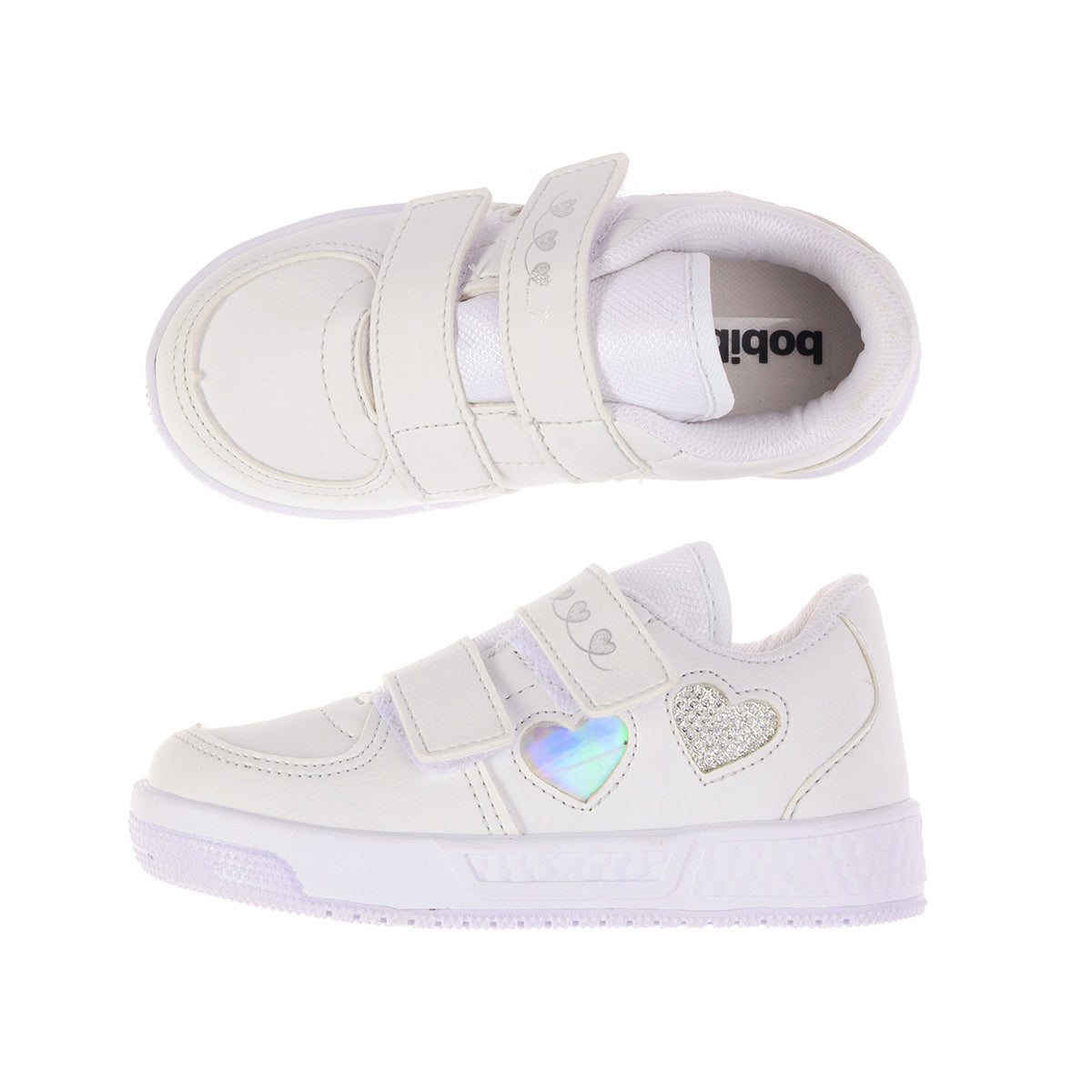 Tênis Street Infantil Feminino Fechamento Velcro Duplo Aplicação Lateral Coração Branco/Prata