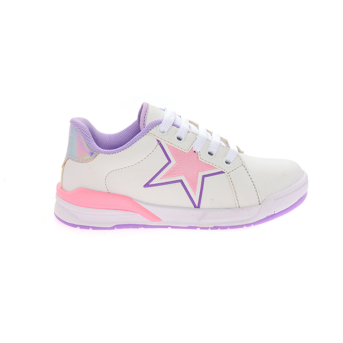 Tênis Infantil Street Feminino Cadarço Aplicação Lateral Estrela Branco/Lilás