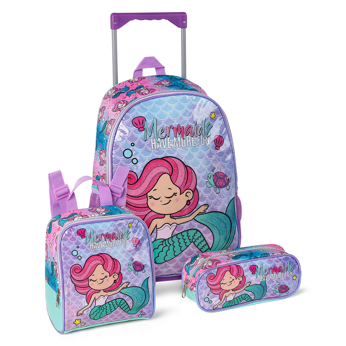 Kit Mochila Rodinha Escolar Sereia Estojo Lancheira