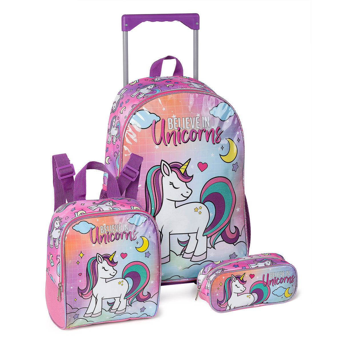 Kit Mochila Rodinha Escolar Unicórnio Estojo Lancheira