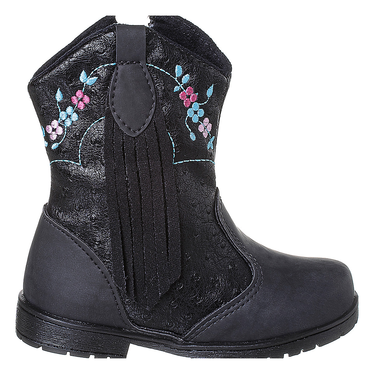 Bota Infantil Feminina Country Preta Bordado Floral e Franja