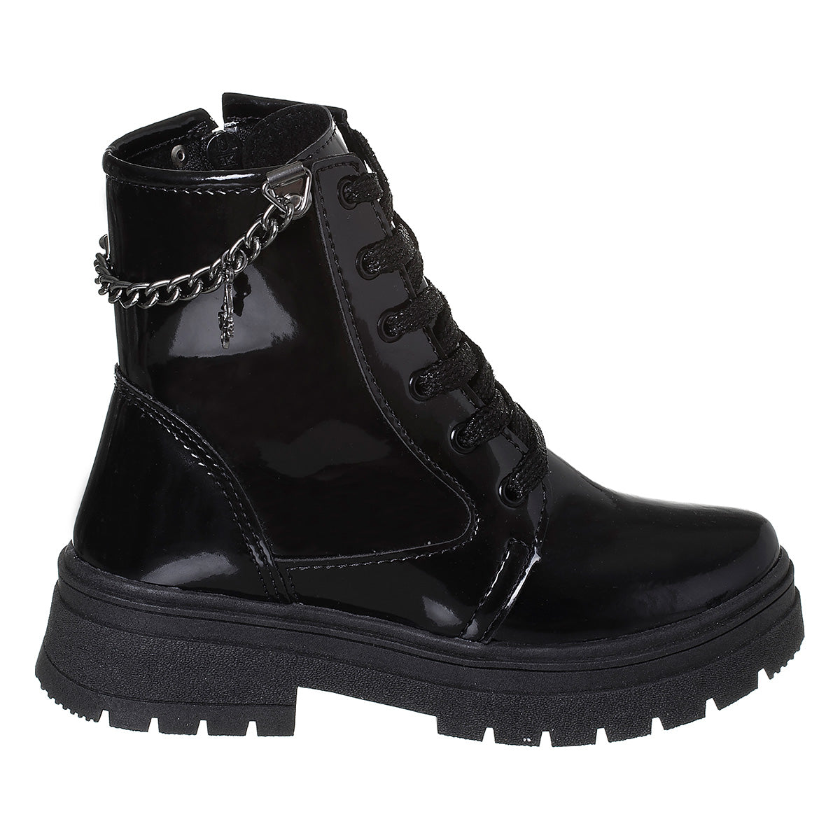 Bota Coturno Infantil Meninas Corrente Pingente Borboleta Preto Verniz