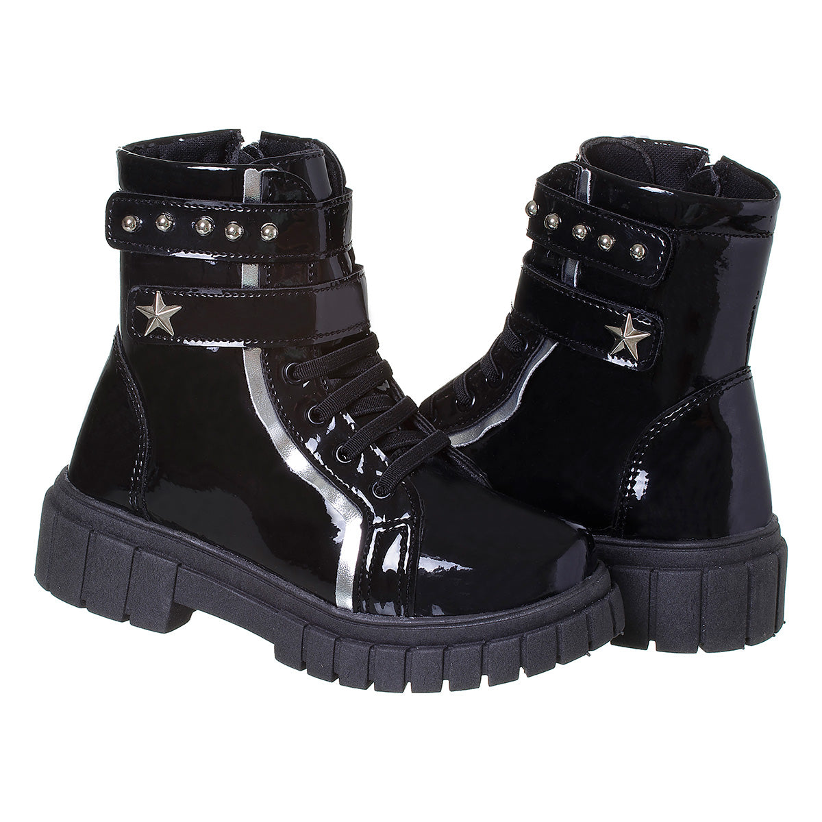 Bota Coturno Menina Com Fechamento Duplo Preto Verniz