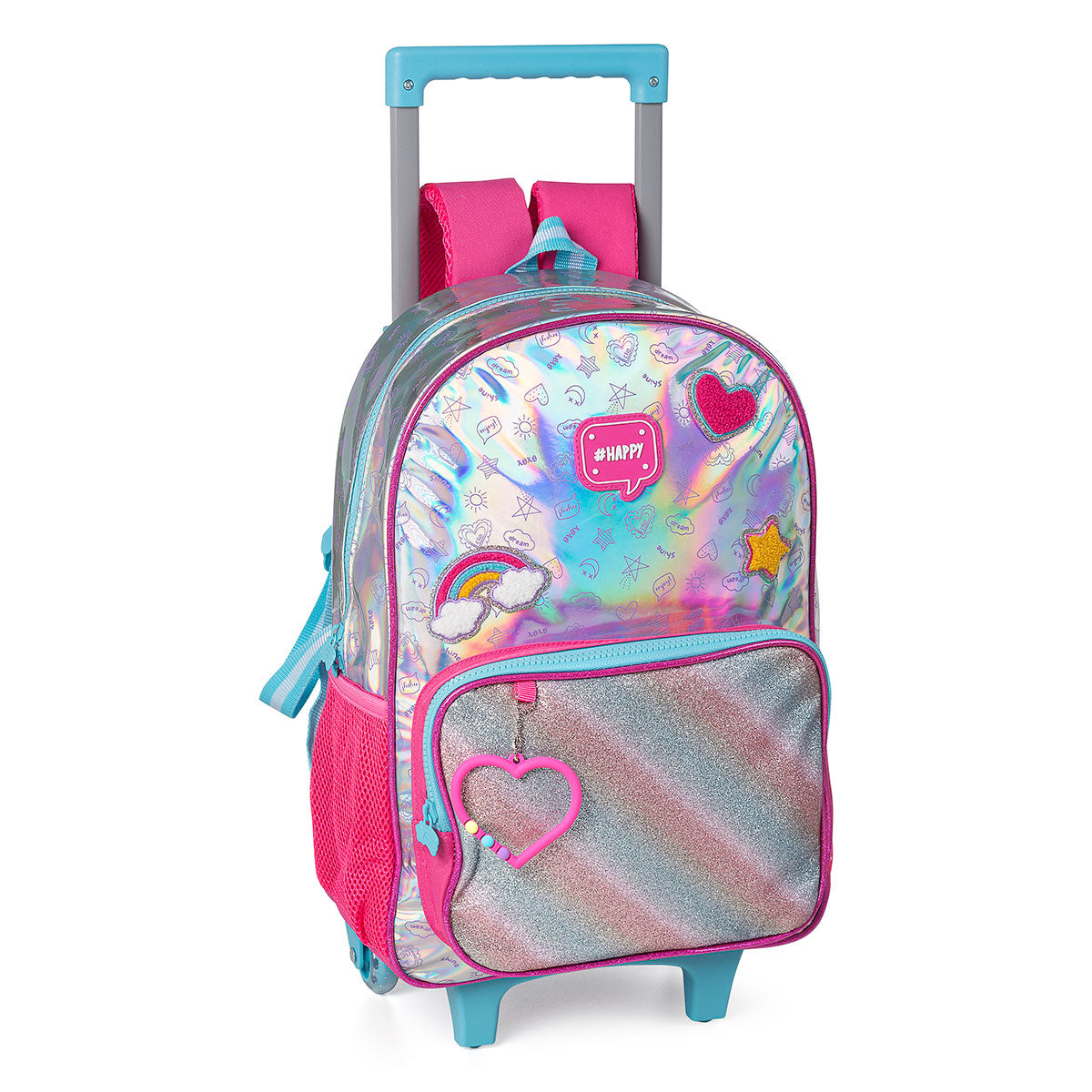 Kit Mochila Rodinha Holográfica Happy Clio Lancheira Estojo