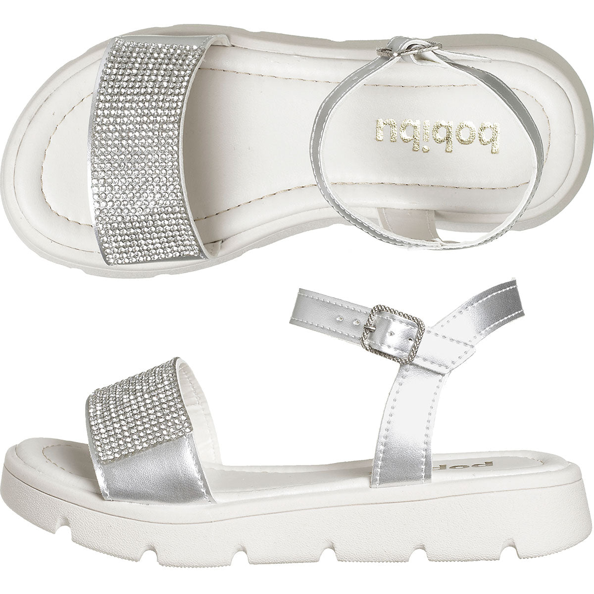 Sandália Infantil Feminina Flatform Fechamento Fivela Detalhe Strass Prata