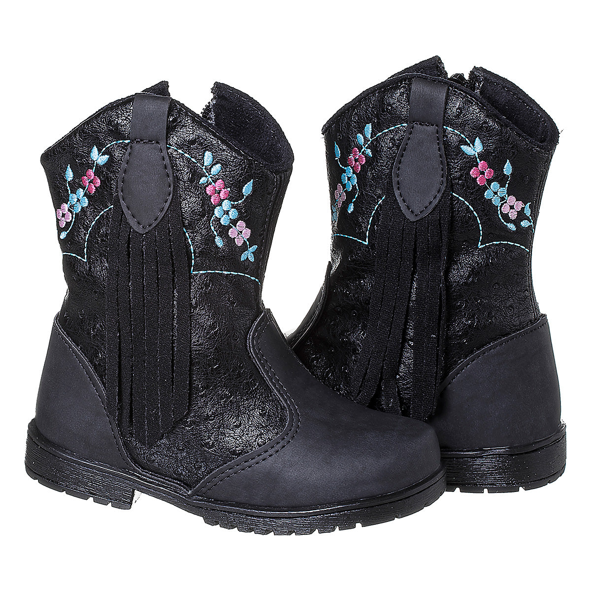 Bota Infantil Feminina Country Preta Bordado Floral e Franja