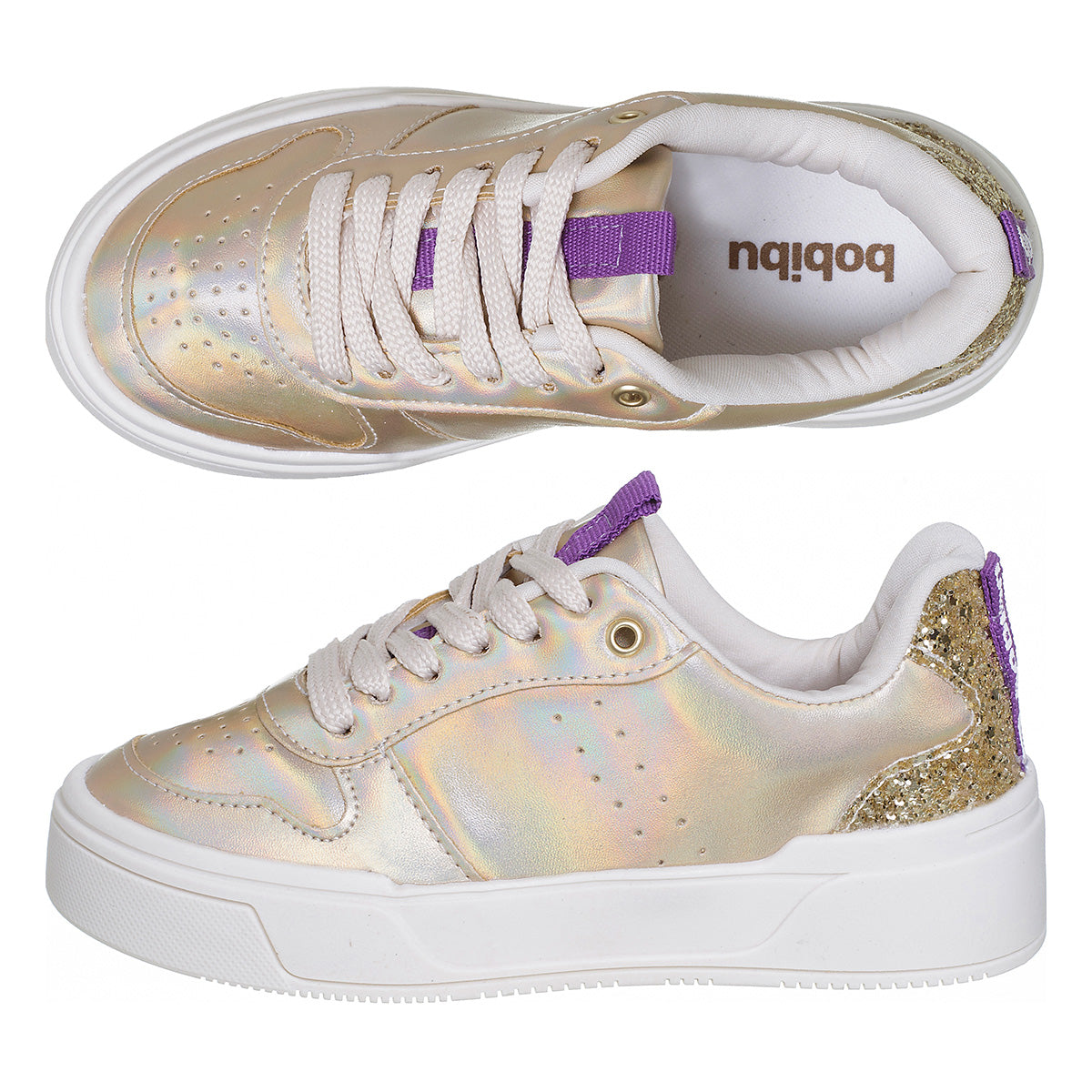 Tênis Infantil Feminino Elegante Cadarço Dourado Holografico
