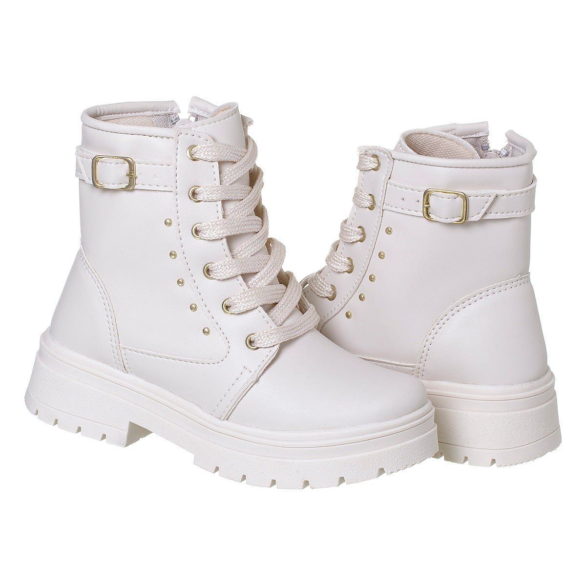 Bota Coturno Infantil Menina Cadarço Fivela Off White