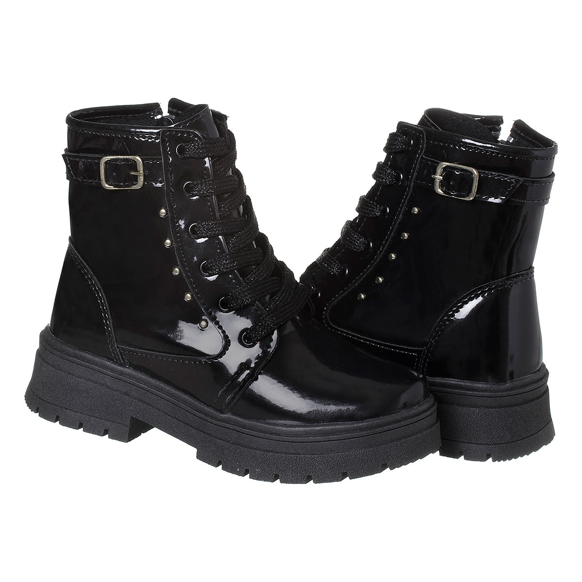Bota Coturno Infantil Menina Cadarço Fivela Preto Verniz
