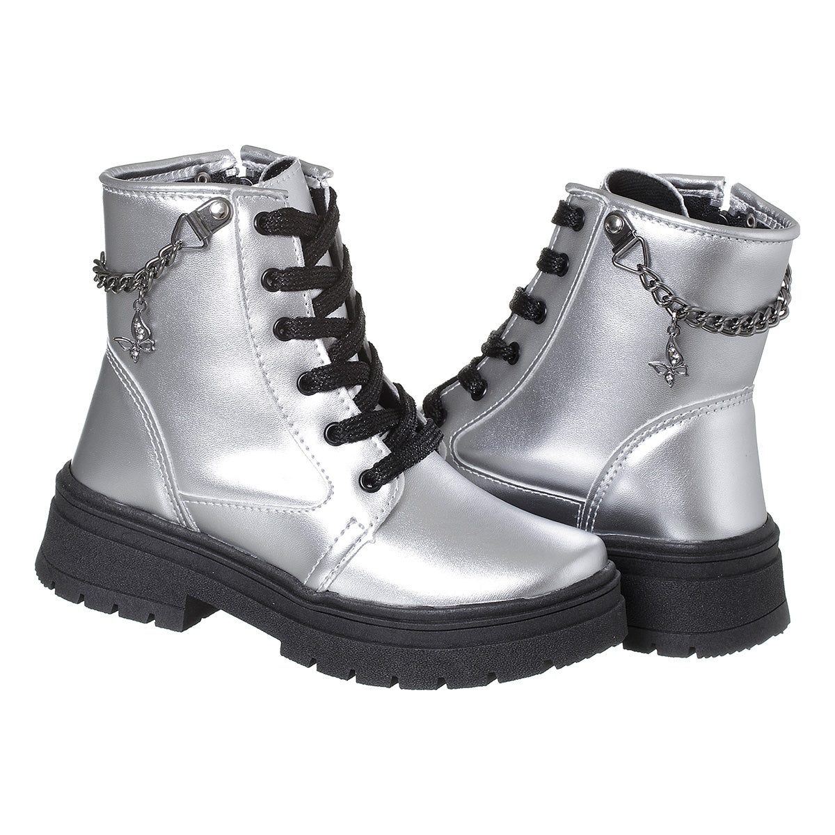 Bota Coturno Infantil Meninas Coturno Corrente Pingente Borboleta Prata Metal