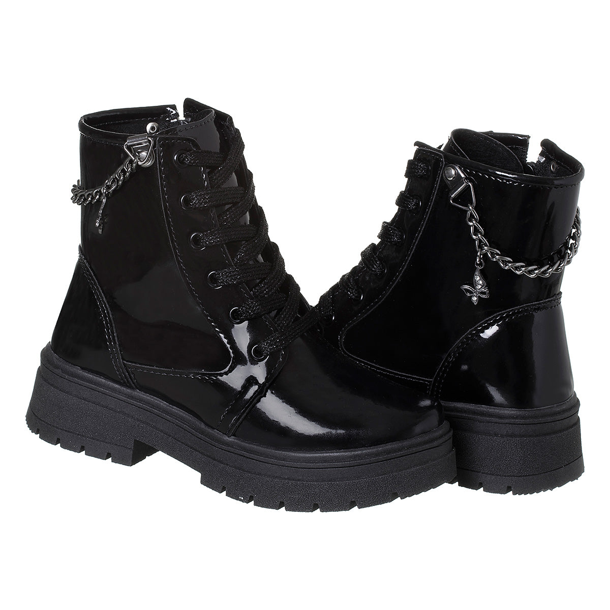 Bota Coturno Infantil Meninas Corrente Pingente Borboleta Preto Verniz