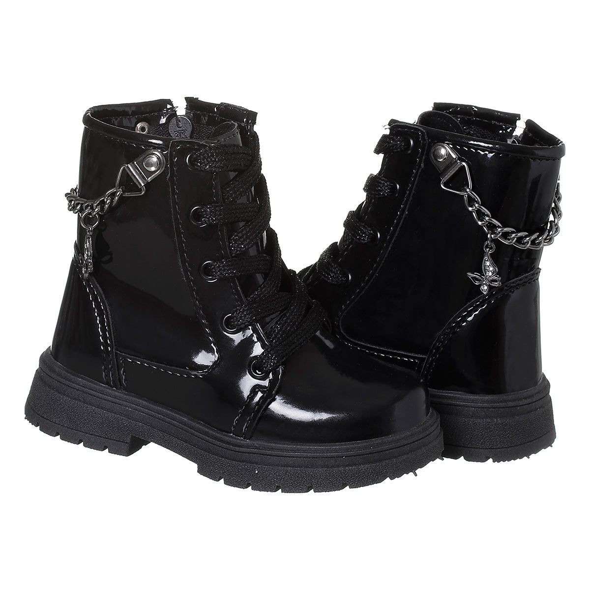 Bota Coturno Infantil Meninas Coturno Corrente Pingente Borboleta Preto Verniz