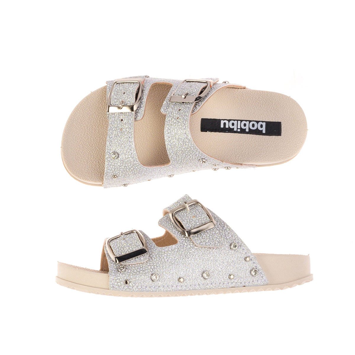 Sandália Infantil Birken Fivela Dupla para Menina Glitter Prata/Off White