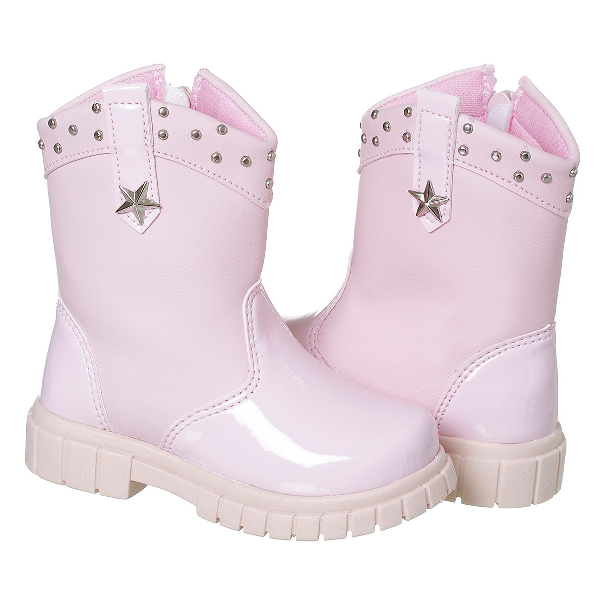 Bota Texana Menina Cano Curto Com Spikes Rosa Lisa
