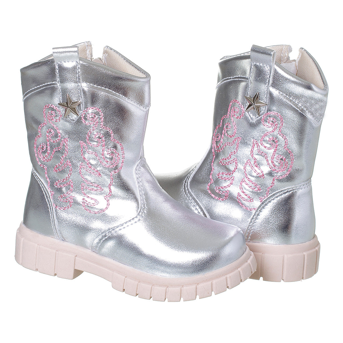 Bota Texana Menina Cano Curto Bordada Prata/Rosa