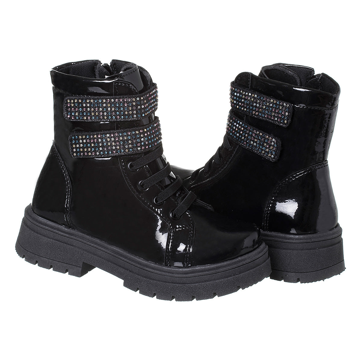 Bota Coturno Menina Com Fechamento Duplo Strass Preto Verniz