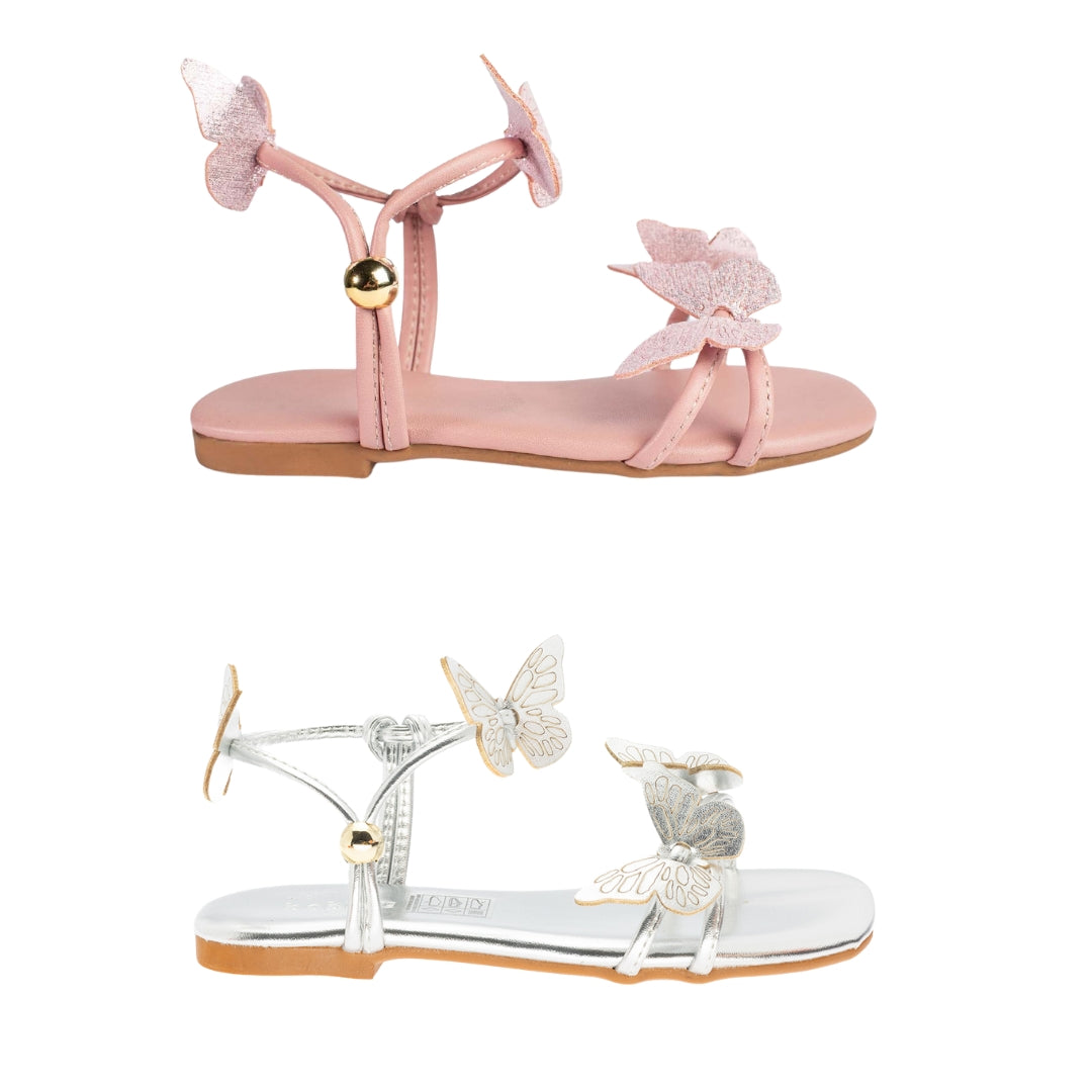 Kit 2 Pares Sandália Infantil Feminina Borboleta Prata E Rosa