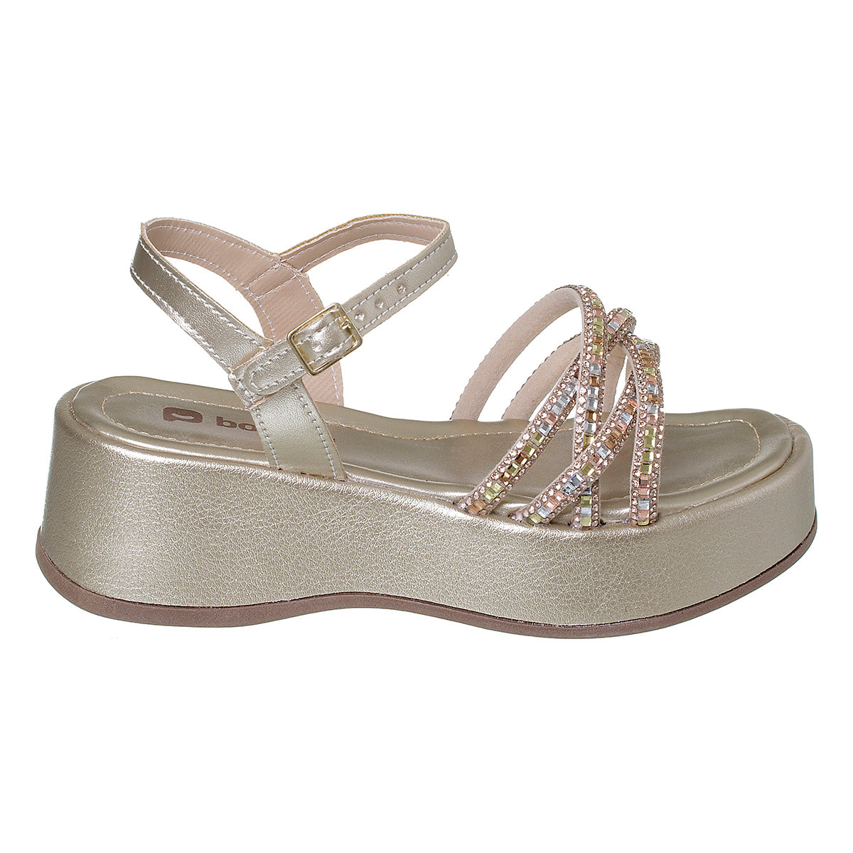 Sandália Infantil Feminina Salto Plataforma Dourada Strass