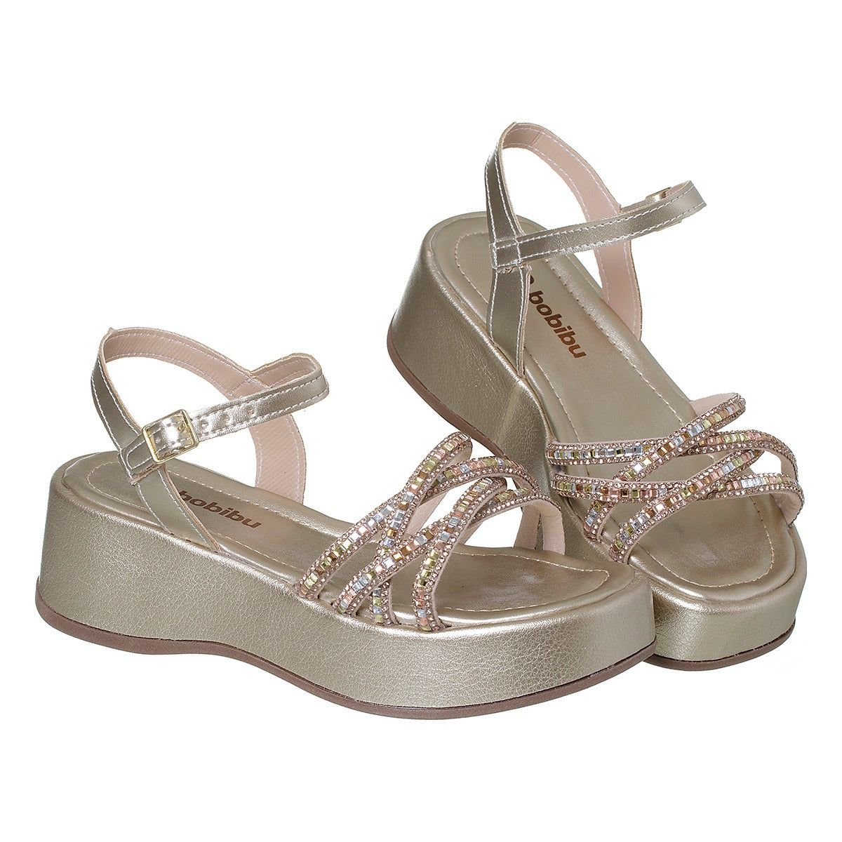 Sandália Infantil Feminina Salto Plataforma Dourada Strass