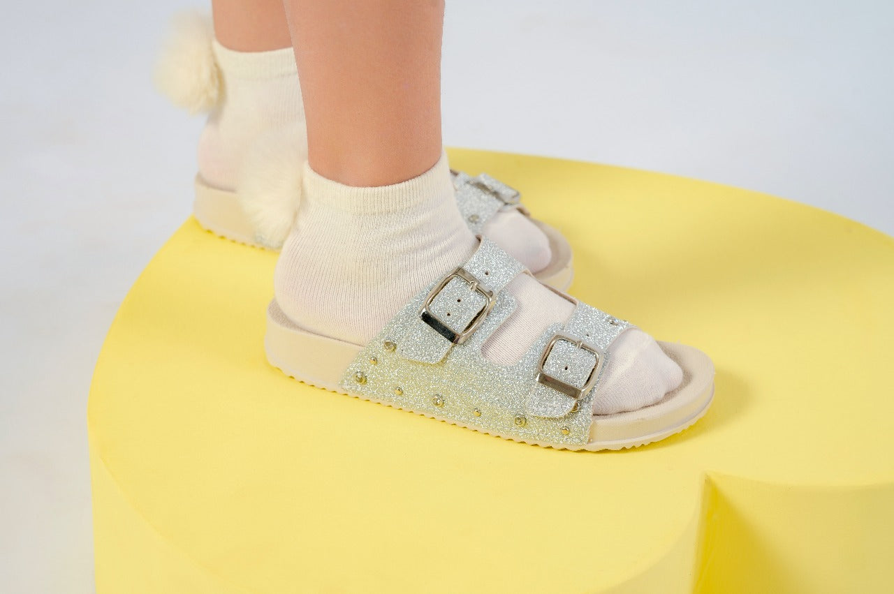 Sandália Infantil Birken Fivela Dupla para Menina Glitter Prata/Off White